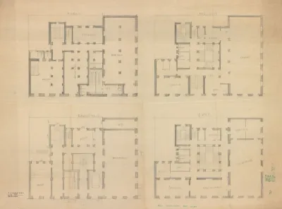 Zgrada oficirskog doma s kasinom, tlocrti: 1. podrum, 2. prizemlje, 3. mezzanin, 4. prvi kat