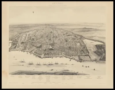 Zicht op Antwerpen met de ligging van de Engelse vloot bij de aankomst van de Koningin van Engeland in 1852