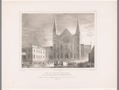 Zicht op de basiliek Saint-Remi te Reims, op de kroningsdag van Karel X van Frankrijk