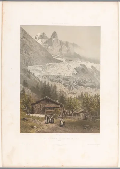 Zicht op de bergtoppen Aiguille Verte en Dru en de gletsjer Mer-de-Glace
