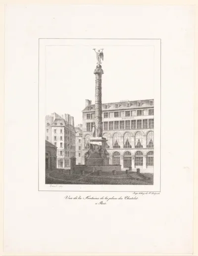 Zicht op de Fontaine du Palmier op de Place du Châtelet in Parijs