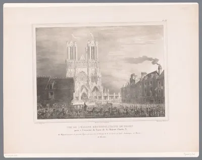Zicht op de kathedraal van Reims op de kroningsdag van Karel X van Frankrijk
