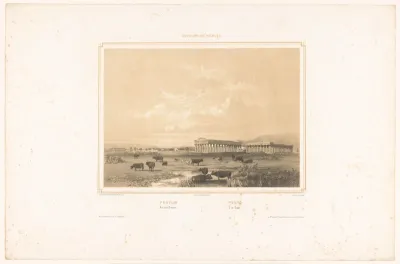Zicht op de ruïnes van drie antieke tempels van Paestum