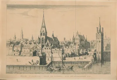 Zicht op de Sint-Walburgiskerk, het vleeshuis en de visserstoren vanaf de Schelde
