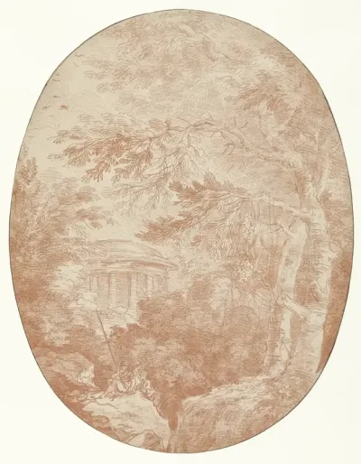 Zicht op de Temple de la Pieté Filiale in Parc de Méréville