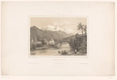 Zicht op de Vieux Pont de Saint-Martin en de Mont Blanc bij Sallanches