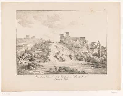 Zicht op de waterval en het kasteel van Sora