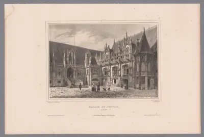 Zicht op de westvleugel van het Justitiepaleis te Rouen