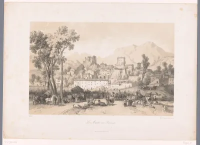 Zicht op een dorp met beestenmarkt in een vallei