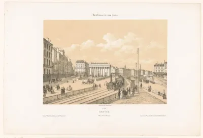 Zicht op een trein en het Palais de la Bourse in Nantes