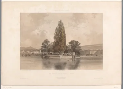 Zicht op het Île Rousseau op de Rhône in Genève