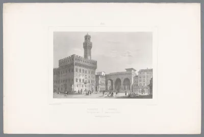 Zicht op het Palazzo Vecchio en de Loggia dei Lanzi te Florence