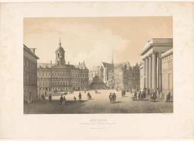 Zicht op het Paleis op de Dam en de Nieuwe Kerk in Amsterdam