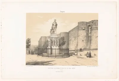 Zicht op het standbeeld van René I van Anjou en het kasteel van Angers