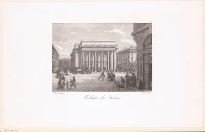 Zicht op het Théâtre des Italiens aan de Rue Favart in Parijs