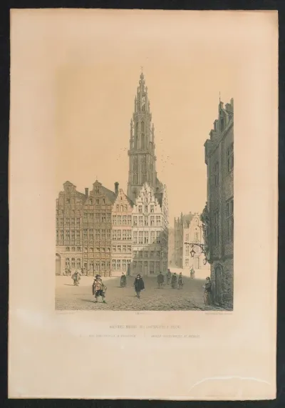 Zicht op oude gildehuizen van Antwerpen met de toren van de kathedraal vanachter