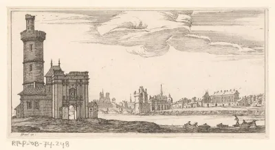 Zicht op Parijs met daarvoor de Seine, links een stadspoort