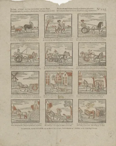Zie hier, ô Jeugd! het lot des Levens van een Paard, / Wulpsch, moedig, trotsch, en sterk, maar strydbaar ook van aart. / Het wordt nochthans al meest tot slaverny gebooren; / Is 't oud, men slaat het dood: den vilder mag 't behooren