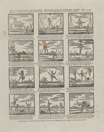 Zie hier, ô jeugd! met lust, de koordendanssery, / Dat gaat 'er stout op af; dat maakt uw zinnen bly; / Beschouw daar nevens ook het balanceeren, springen, / En hoe die kunstenaars hun leden kunnen dwingen