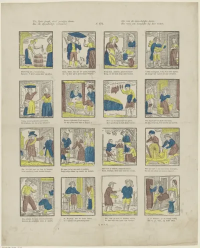 Zie, lieve jeugd, deez' prentjes staan, / Die elk afzonderlijk vertoonen / Iets van de menschelijke daán, / Die men zoo daaglijks bij kan wonen
