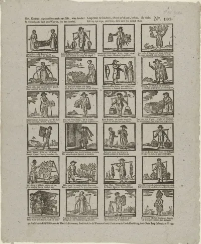 Ziet, kindren! afgebeeld een reeks van Liên, wien handel / In veelerhande slach van waaren, by hun handel (...)