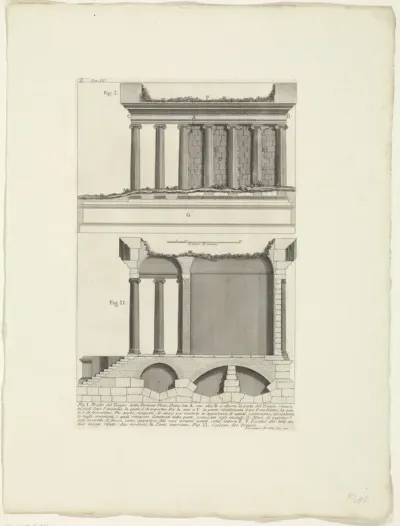 Zijaanzicht en doorsnede van de Tempel van Portunus te Rome