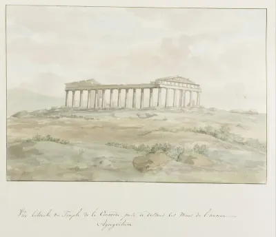 Zijaanzicht van Concorde tempel binnen muren van oude Agrigentum