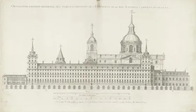 Zijaanzicht van de zuidkant van de kerk en het klooster van San Lorenzo en de koninklijke appartementen