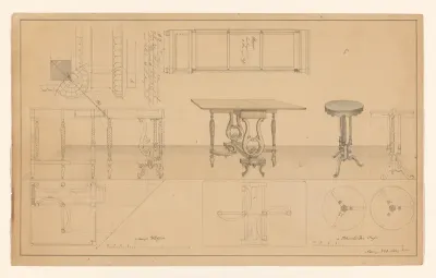 Zijaanzicht van een étagère, ontwerp voor een klaptafel met twee zijaanzichten en constructiedetails, ontwerp voor een rond tafeltje met frontaal aanzicht, daaronder plattegronden