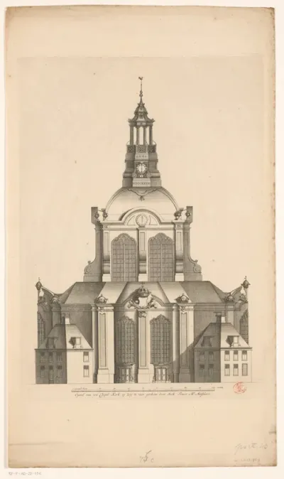 Zijaanzicht van een koepelkerk op de Botermarkt te Amsterdam