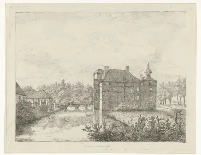 Zijaanzicht van kasteel de Cannenburch met huizen bij de toegangsbrug