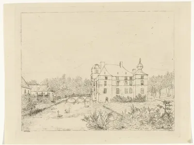Zijaanzicht van kasteel de Cannenburch met huizen bij de toegangsbrug