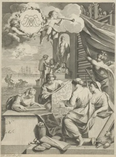 Zijdehandel en allegorische figuren