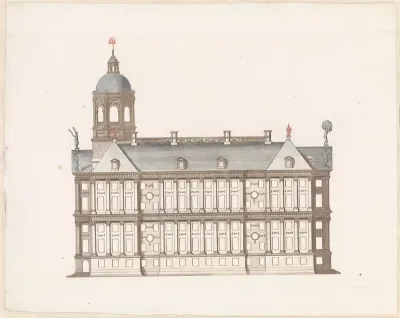 Zijgevel van het Stadhuis te Amsterdam met balustrade op het dak