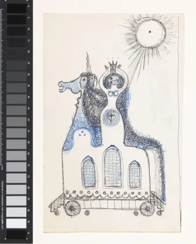 Zijkant van een overdekte wagen met eenhoorn en vrouwfiguur