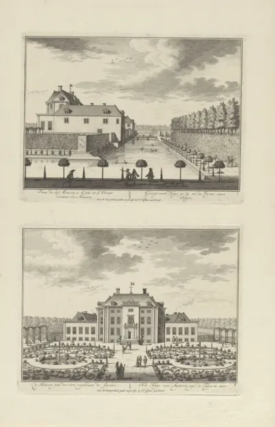 Zijkant van Slot Zeist en de omliggende vijver/ Achterzijde van Slot Zeist