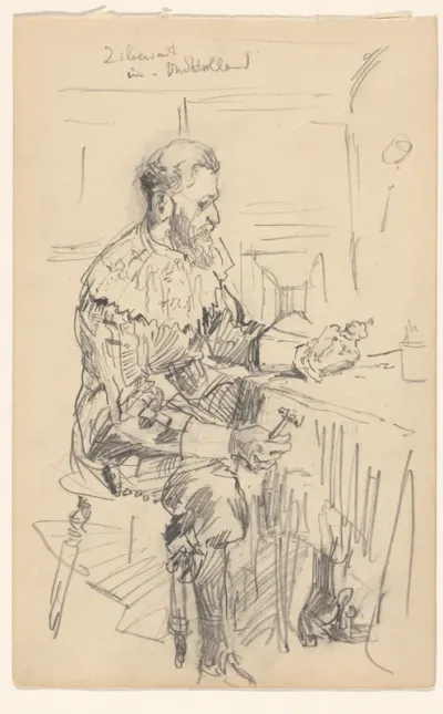 Zilversmid in de nagebouwde stad Oud-Holland op de Wereldtentoonstelling voor het Hotel- en Reiswezen van 1895