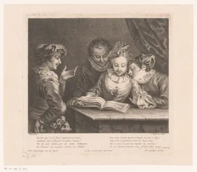 Zingende jonge vrouw en drie jongemannen aan een tafel