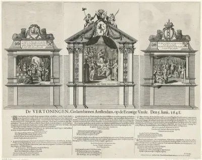 Zinnebeeldige vertoningen die op de Dam zijn opgevoerd ter ere van de Vrede van Munster in  1648