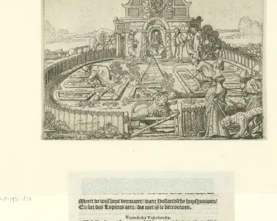 Zinneprent op het wantrouwen tegen de Spanjaarden en op Maurits' zorg voor den welstand der 7 Provinciën.