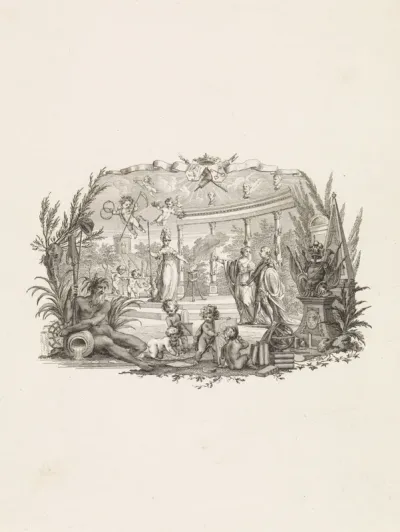 Zinneprent op Willem V als beschermheer van de Leidsche Academie