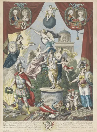 Zinneprent rond huwelijken van de zoon en dochter van Willem V, 1790-1791