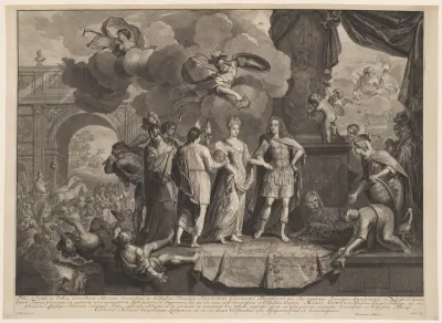 Zinneprent van de aankomst van Johan Willem Friso en Maria Louisa te Leeuwarden