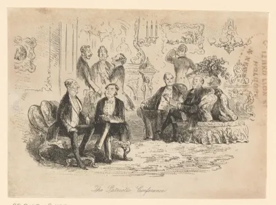 Zitkamer met acht converserende heren