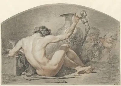 Zittend mannelijk naakt, de hand op het handvat van een vaas