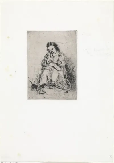 Zittend meisje met breiwerk