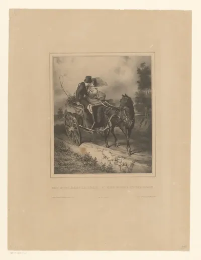 Zittend stelletje in ontspoorde paard-en-wagen
