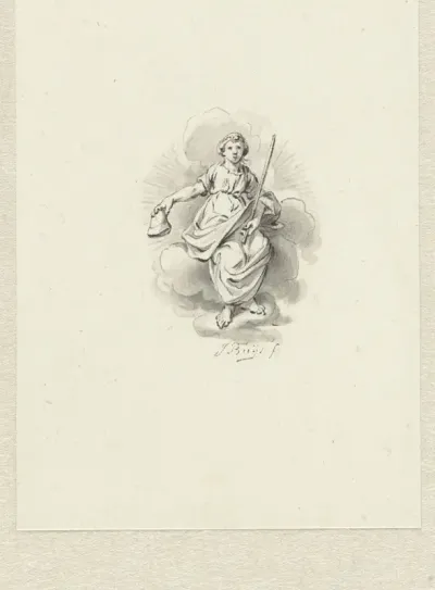 Zittende allegorische vrouwenfiguur op de wolken