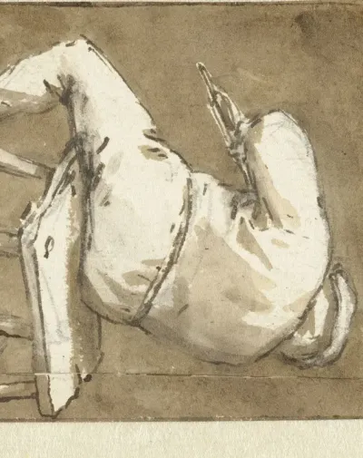 Zittende boer, op de rug gezien