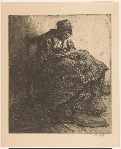 Zittende boerin met borduurwerk